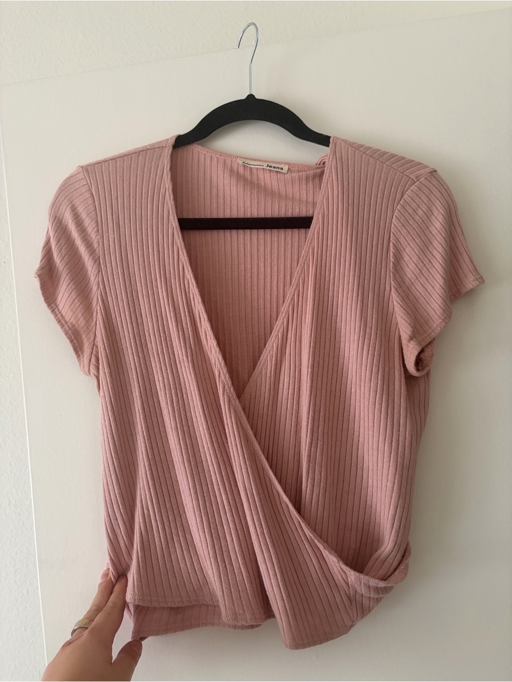 Reformation Dusty Rose Ribbed Wrap Short-Sleeve Top